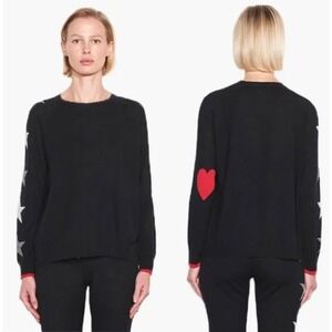 Sundry Black Cashmere Wool Blend Crew Neck Sweater Star Heart Print Size 1 -‎ Sm